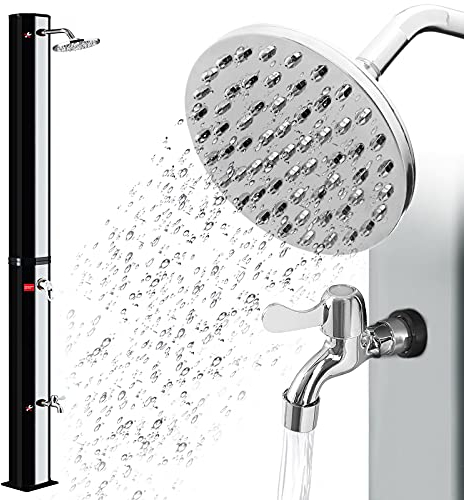 Froadp 35L Solar Gartendusche System Wassertemperatur bis 60℃ Solardusche mit 180° Drehbarer Regenduschkopf und Gartenschlauch-Anschluss Pooldusche für Camping Garten Draußen(Silber + Schwarz)