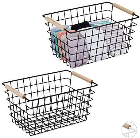 2 x Drahtkorb, Holzgriffe, rechteckig, Gitter Design, Kleidung, Accessoires, Metallkorb, HBT: 16x31x21 cm, schwarz