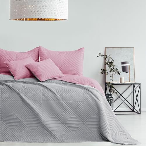 AmeliaHome Tagesdecke rosa grau 260x280 Bettüberwürf zweiseitig Ultrasonic Steppung Polyester Softa