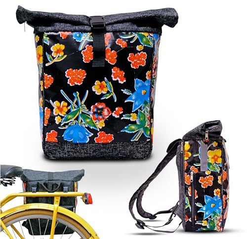 Ikuri Fahrradtasche/Rucksack Kombi Fahrradrucksack aus Wachstuch für Gepäckträger Packtasche Wasserdicht für Frauen - Model Floral
