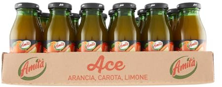 Amita ACE, Bevanda Rinfrescante e Ricca di Vitamine C, E e Provitamina A, a base di Succo di Arancia, Carota e Limone - Confezione da 24 Bottiglie di Vetro