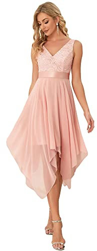 Ever-Pretty Robe de Soirée Asymétrique au Genou Femme Double Col-V sans Manche en Dentelle Mousseline de Soie Rose 36