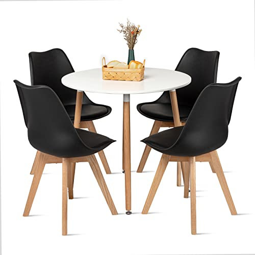 H.J WeDoo Esstisch mit 4 Eiche Stühle Essgrupp Holztisch und Schwarz Skandinavisches Esszimmerstühle Esstisch Set für Esszimmer Küche