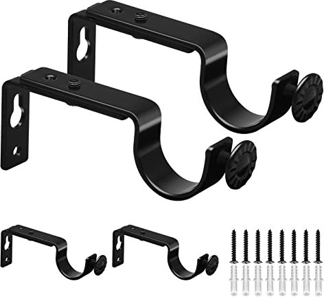 Curtain Pole Brackets, Adjustable Curtain Rail Bracket Black Metal Heavy Duty Drapery Rod Bracket Holder Support Hooks Wall Brackets for 25mm-28mm Drapery Pole, 4 Pack