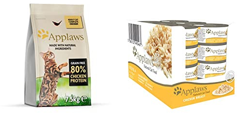 Applaws Katzentrockenfutter mit Hühnchen, 1er Pack (1 x 7.5 kg Packung) Wet Cat Food, Chicken Breast in Broth 70 g Tin, 24 x 70 g Tins