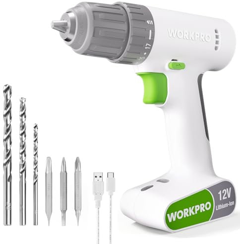 WORKPRO 12V Cordless Drill Driver Set, Electric Power Drill Tool Kit with 6 Pcs Bits, 3/8-Inch Keyless Chuck, Variable Speed, 18 Touque Setting, Type-C Charge Cable, Led Light, White
