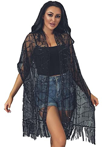 Unicra Pailletten Sheer Lace Schal Spitze Schal Hochzeit Schal Abendschal Quasten Schal für Frauen und Mädchen, Schwarz , 38