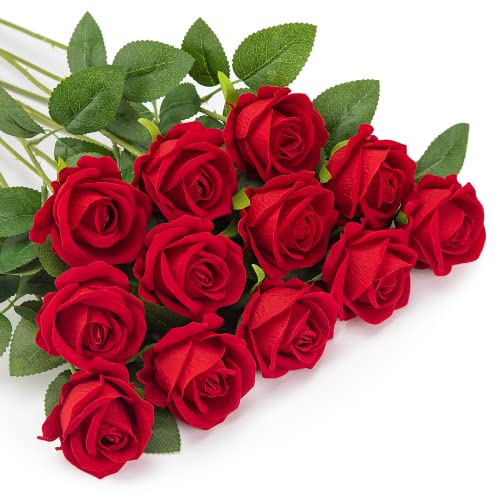 OWLKELA 12 Fiori di Rose Artificiali, Fiori Finti di Flanella, Fiori Finti a Stelo Singolo Lungo, Riori Decorativi Realistici per Matrimoni, Casa, Giardino, Feste di Compleanno (Rosso)