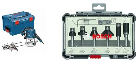Bosch Professional 0601626001 Défonceuse GOF CE 1250 W 10000-24000 tours/min + 6 pièces Kit de Fraises à Araser et de Bordage (pour bois, Ø 8 mm Queue, Accessoires de Fraises d'Encastrement)