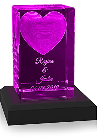 Zelaro 3D Herz Glas mit Wunschtext inkl. LED Leuchtsockel & Gravur | Valentinstagsgeschenk oder zum Jahresstag | Geschenkidee Personalisiertes Geschenk für Frauen und Männer (LED Sockel Schwarz)