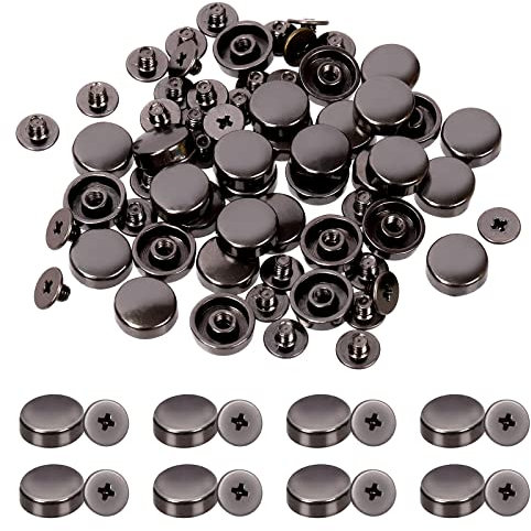 Glarks Juego de 32 remaches de rosca trasera, de metal negro, con cabeza plana, para bolso, pies, cabeza de clavo, hebilla plana, remaches de metal para manualidades de cuero