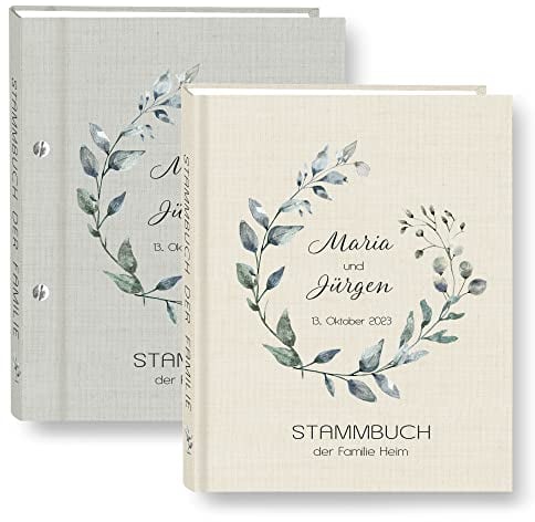 Stammbuch der Familie personalisiert Greenery grau o. beige A4 ca. 24 x 31 cm Familienstammbuch Blüten Ranke grün Stammbücher Handarbeit