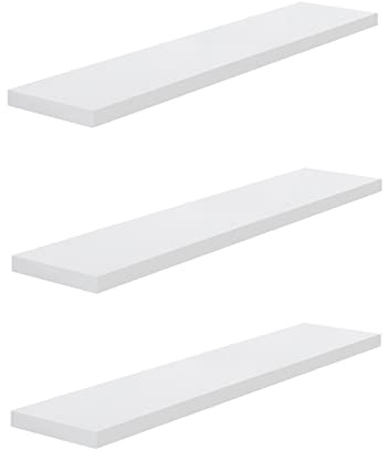 Roseley 3pc High Gloss Floating Shelves 110cm Long Invisible Mounting Decorative Wall Display Shiny Bathroom Living Room Bedroom Fixings Included [White]
