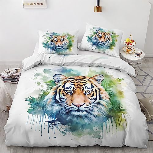 GEDAEUBA Tiger Bettwäsche 135x200 Sommer - Wilde Tiere Bettbezug 135 x 200 2er Set, Wendebettwäsche und Kissenbezug 80x80, Weiche & Atmungsaktive Mikrofaser Bettwäsche-Sets mit Reißverschluss