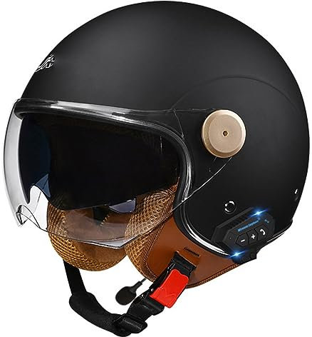 BGGNG Bluetooth Casques Moto Jet,ECE Homologué 3/4 Demi-Casque De Moto Vintage,Casque Moto Et Scooter Compact avec Anti Scratch Double Visiere Quatre Saisons Casques Moto B,L=59-60cm