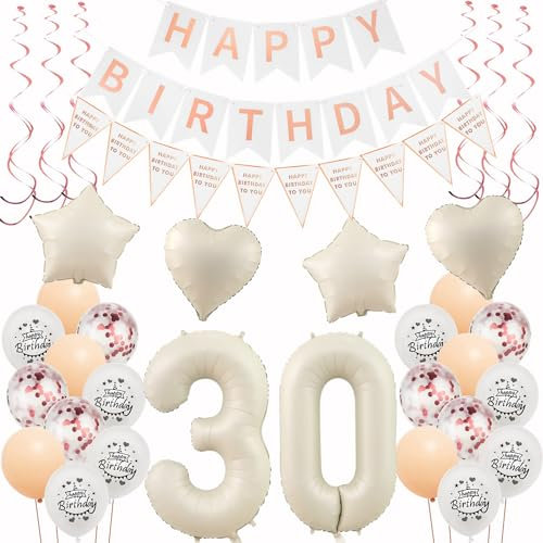 Deko 30. Geburtstag Frauen Beige Roségold Luftballons 30 Geburtstag Dekoration Frau，30 Gertstag Deko，Geburtstagsdeko 30 jahre Frauen,Happy 30th Birthday Girlande 30 Party
