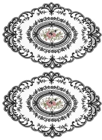 sourcing map 2Pack Retro Lace Placemat 12x16-in Oval Embroidered Table Place Mats French Crochet Doilies Coasters Cup Mat for Home Wedding, Black