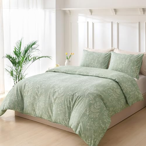 Tokokimo Housse de Couette 220x240 avec 2 Taies d'oreiller 65x65 cm - Motifs Floraux Dessinés à la Main - Parure de lit 220x240 Adulte - 100% Microfibre Parure Couette Fermetures éclair, Vert Sauge