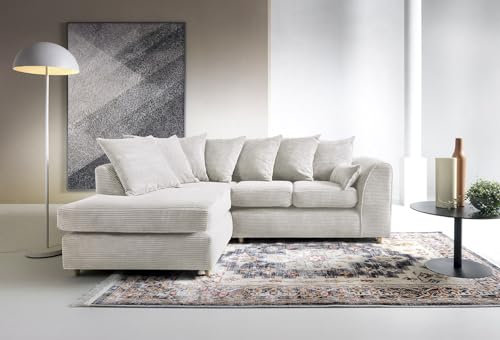 Abakus Direct Left Hand Corner Sofas for Living Room - Stylish Jumbo L Shaped Sofa with Water Repellent Jumbo Cord | Contemporary Chaise Lounge Sofa Corner in White | 212Wx164Dx78H