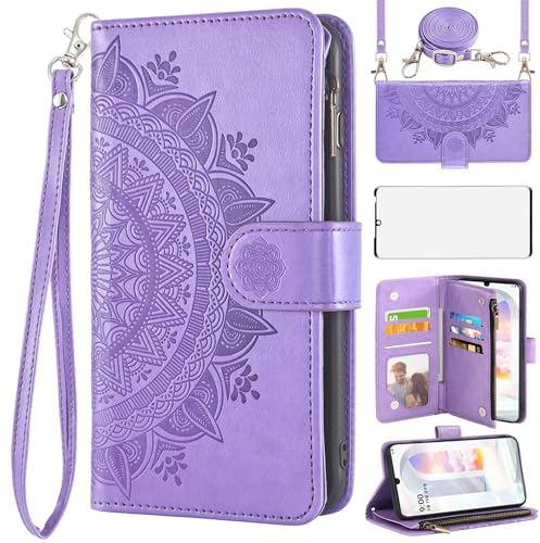 Asuwish Handyhülle für LG Velvet 5G/4G Hülle mit Band und Folie Schutzfolie Kartenfach Klappbar Leder Blumen Geldbörse Ständer LMG910EMW LM-G910EMW Reißverschluss Hüllen Schutzhülle Phone Case Lila