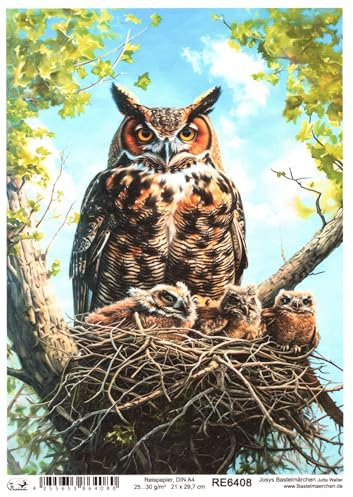 Josys Bastelmärchen Reispapier A4 Strohseide Decoupage Serviertentechnik Küken Eulen Eule Uhu RE6408