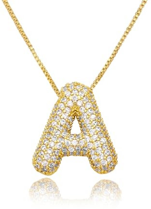 TZPI Bubble Buchstaben-Halskette Gold für Frauen, 18 Karat Gold, Zirkonia, Blasen-Initialen-Halskette für Sie, Charm-Buchstaben-Namens-Halskette als Muttertagsgeschenk für Mädchen, Freundin, Messing