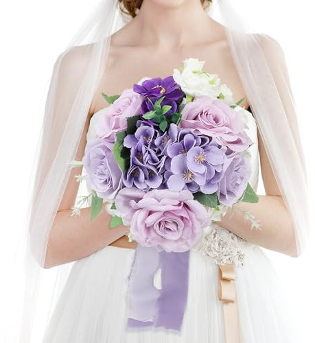 HOMENERGY Hochzeitssträuße für Braut – Künstliche Brautsträuße vorgefertigte Rosen Blumensträuße für Vintage-Hochzeit oder Tafelaufsätze Dekoration – Lila & Weiß