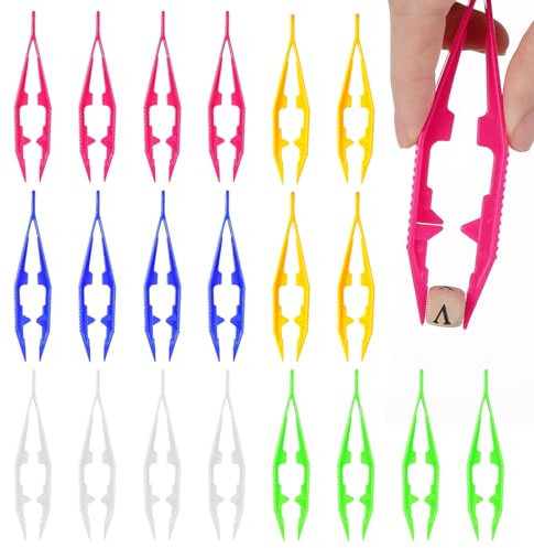 Lot de 20 pinces à épiler en plastique pour travaux manuels, 5 couleurs assorties, pince à épiler pour moteur fin, pointe en caoutchouc, pince à épiler pour projets de perles, outils créatifs faits à