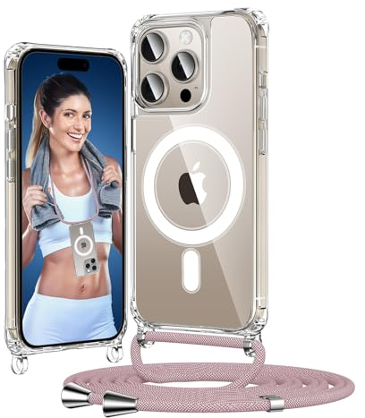 HeIssitot Handykette kompatibel mit iPhone 15 Pro Hülle mit Band, Durchsichtig Dünn Handyhülle mit Kette,Stoßfeste zum Umhängen Necklace iPhone 15 Pro Hülle, Roségold