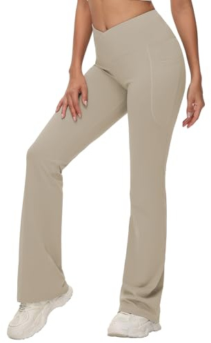 baleaf Women's Tall Flare Leggings 34 Tummy Control Crossover High Waisted Long Bootcut Yoga Pants with Pockets Work Casual Khaki XXL