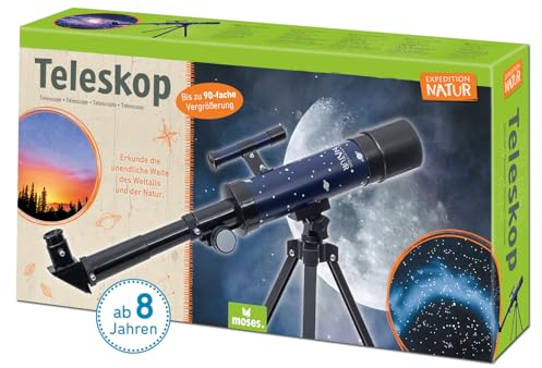 moses. Expedition Natur Teleskop, Teleskop Starter-Set für Kinder mit bis zu 90facher Vergrößerung, Einsteiger-Teleskop mit Stativ, tragbares Outdoor-Teleskop für unterwegs