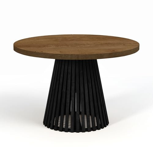 Dekori Möbel Runder Ausziehbarer Tisch für Esszimmer, Dover - Industrial/Loft Still mit Lamellenbeine, Durchmesser Varianten : von 90 bis 220 cm (Eiche Lefkas/Schwarz, 110/210)