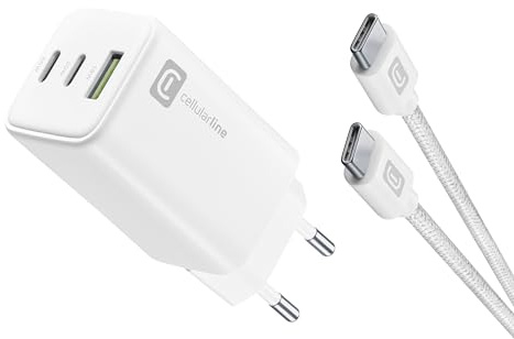 cellularline - Multipower 65 W Kit - Netzladegerät 65 W + USB-C auf USB-C Kabel im Lieferumfang enthalten - für Tablets, Smartphones und Laptops - Weiß