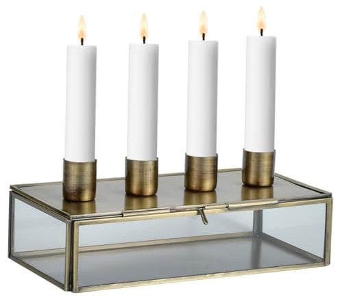 Marrakesch Vintage Kerzenständer & Aufbewahrungsbox in einem aus Metall & Glas 20cm Gross | Adventskranz Noral Gold antik für 4 Kerzen als Weihnachtsdeko | Kerzenhalter ideal Aesthetic Herbstdeko