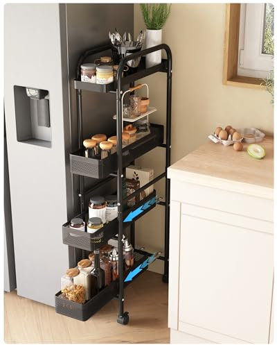 UMDONX Slim Storage Trolley Pull out Drawers 4 Tier, Vegtable Rack Kitchen Cart on Lockable Wheels, Narrow Shelving Unit Organiser Shelf, Durable Metal Black Heavy-duty Load 80KG
