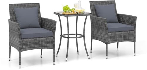 COSTWAY Ensemble Salon de Jardin 3 PCS en Osier PE, 2 Chaises, Ensemble de Meubles d’Extérieur avec 2 Chaises Rembourrées et 1 Table Basse en Verre Trempé, pour Balcon Jardin Patio (Gris)