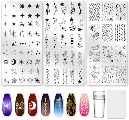 beinkmake 3Pcs Star Nail Stamping Plate Set Moon Planet Nail Stamping Templates French Line Tip Nail Stamp Plates Lovely Meteors Metal DIY Reusable Tools with Stamper Scraper for Manicure Printing