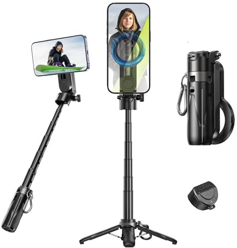 MAGIC JOHN Selfie Stick Tripod Stand with Detachable Remote - 14.37 Compatible with iPhone, Samsung - 360° Rotatable Magnetic Smartphone Mount