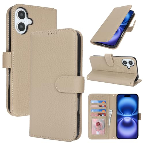 Zouzt Leather Wallet Case for iPhone 16, 4 Card Slot, Gray | Genuine Leather, Card Holder, Shockproof TPU Shell, Magnetic Closure, Protective Flip Folio Phone Cover, For Women Men