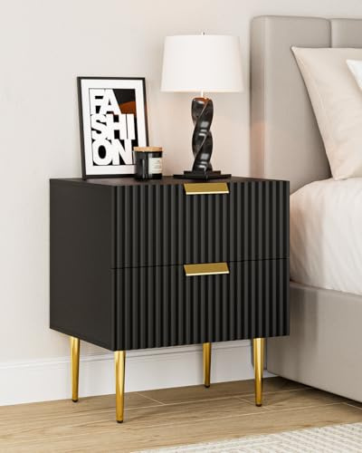 Apetaccat Nachttisch Schwarz, Holz Nachtschrank, Nachtkommode mit 2 Schublade und Goldene Beine, 50x40x60cm, Nachtkästchen Möbel für Schlafzimmer, Wohnzimmer