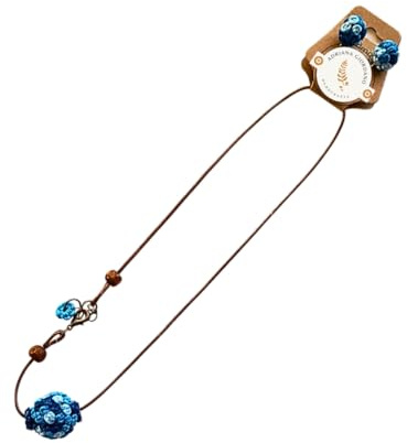 Nativilis - Set di gioielli fatti a mano all'uncinetto, collana con sfera blu sfumata e orecchini abbinati, in pizzo di cotone, leggero, bohémien, regalo artigianale per donne (#106)