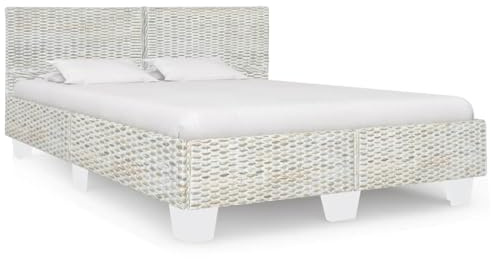JHQHSM Bettgestell Grau Natur Rattan 140 x 200 cm mit Massivholz Kopfteil und gewebter Struktur für exotischen Charme und Bequeme Rückenlehne