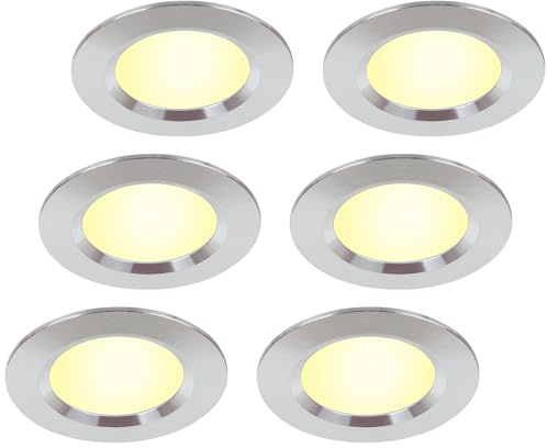 HCFEI 6er Set Möbelleuchte 12V ultra flach 3W LED-Einbaustrahler 55mm Lochausschnitt mit 2M Kabel IP44 Deckenspot für Spiegelschränke, Vitrinen, Möbel und Schränke (Chrom 3000K)