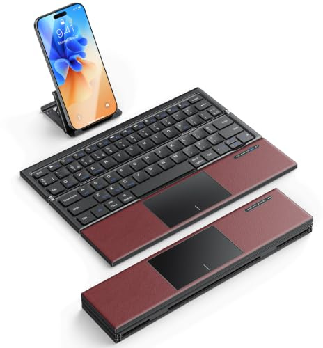 OMOTON Foldable Bluetooth Keyboard with Touchpad, Travel, QWERTY UK | Portable Tri-Fold Design | Built-in Touchpad & Phone Stand | 3-Device Bluetooth | USB-C Rechargeable