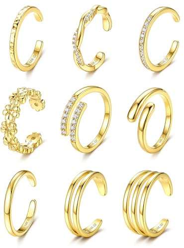 KRFY Ensemble de Bagues d'Orteil en or 14K pour Femmes Anneaux d'Orteil Réglables Anneaux d'orteil à bande ouverte avec fleur de marguerite en CZ Ensemble de Bijoux de Pied de Plage pour Femmes-G
