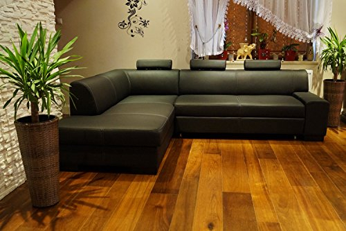 Quattro Meble Echtleder Ecksofa London I 3z 200 x 260cm Sofa Couch mit Bettfunktion, Bettkasten und Kopfstützen Schwarz Echt Leder Eck Couch große Farbauswahl