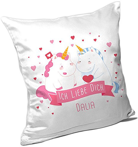 Kissen mit Namen Dalia und Einhorn-Motiv mit Herz für Verliebte zum Valentinstag | Liebes-Kissen | Valentinsgeschenk