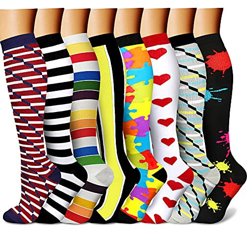 CHARMKING Kompressionsstrümpfe für Damen und Herren, Durchblutung, 15 - 20 mmHg, die beste Unterstützung athletisches Laufen, Radfahren, 8 Paar Strümpfe, Unisex-Erwachsene, 04