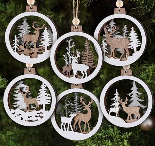 Set of 6 Christmas Wooden Ornaments, Binswloo Wooden Baubles Reindeer Hanging Xmas Pendant Ornaments for Christmas Tree Decorations DIY Crafts Gifts
