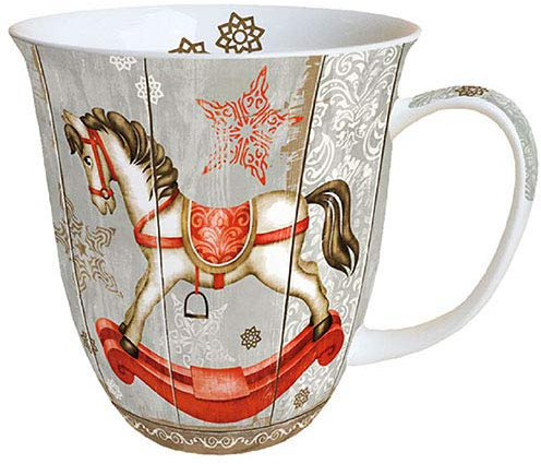 Ambiente Porzellan Tasse ca. 400ml Becher Bone China Mug Für Tee Oder Kaffee Rocking Horse Herbst Winter Weihnachten